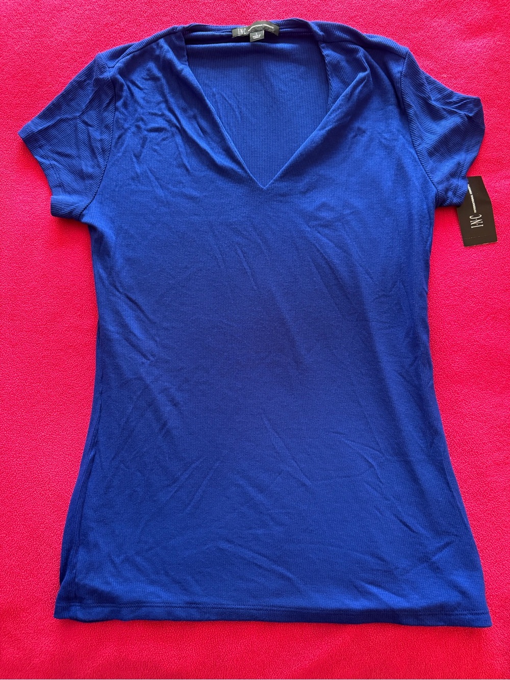 INC International Concepts Women’s Royal Blue V-Neck Short Sleeve Ribbed Top
